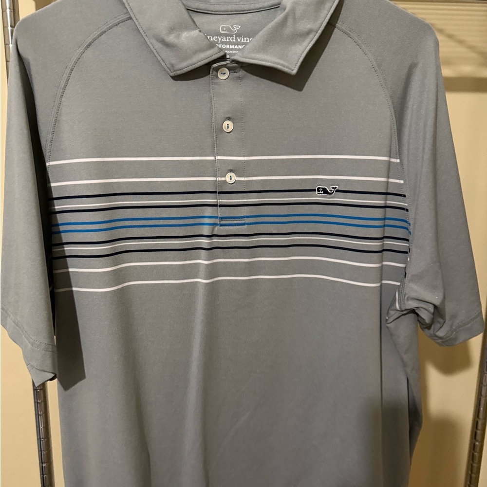 Vineyard Vines Men's Polo Shirt in Gray with Blue Stripes